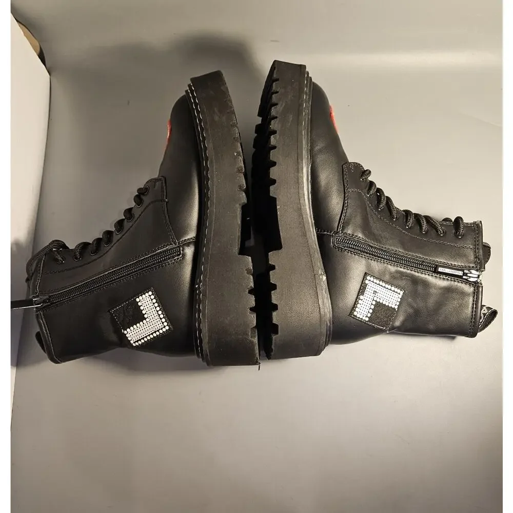 Karl Lagerfeld Paris Zip Up Combat Boots Dixie E23 Patches Embellishments Sz 6